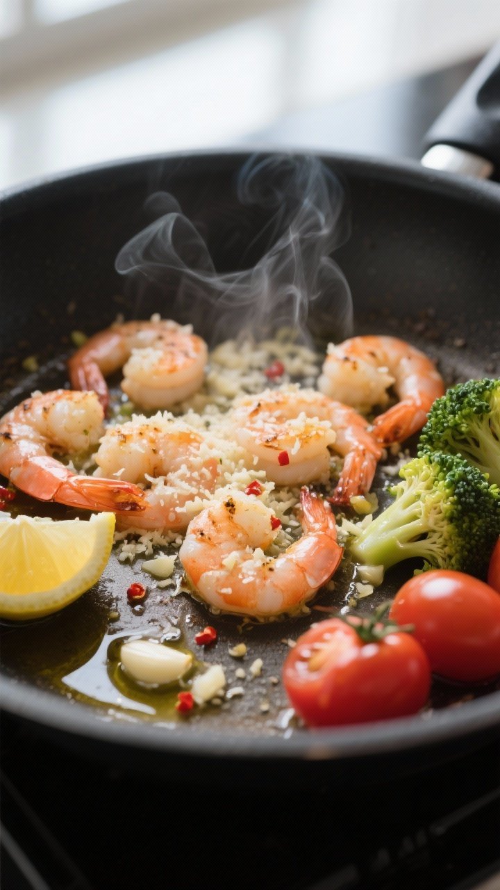 Close-up cooking process: Garlic Parmesan shrimp sizzling in a nonstick skillet, shrimp just turned 