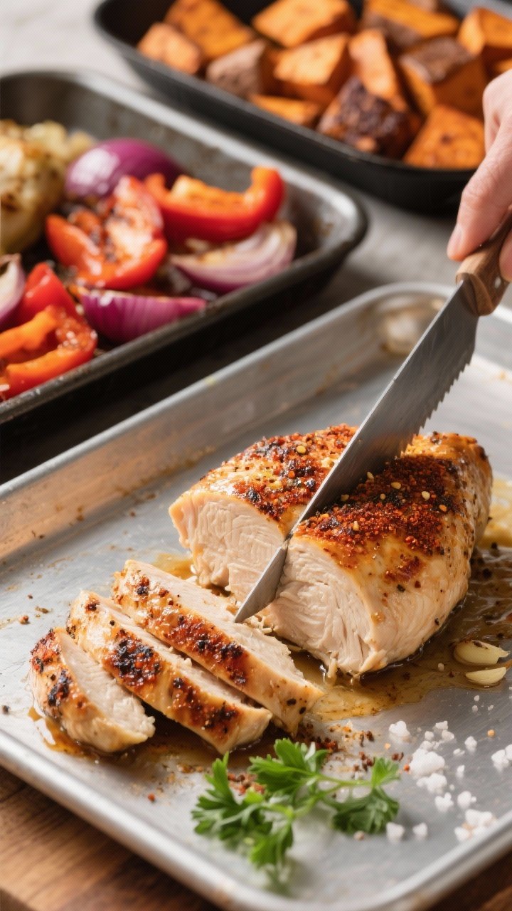 Close-up cooking process image: roasted chicken breast just out from the oven, being sliced on a she