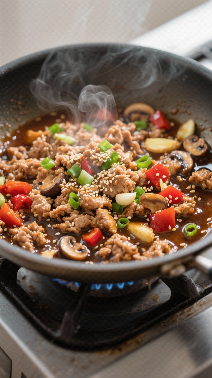 Close-up cooking process: Lean ground chicken sizzling in a wide stainless skillet over medium-high 