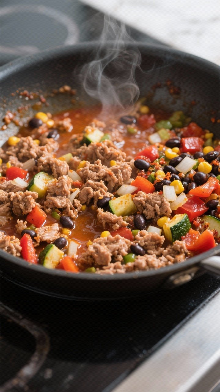 Close-up cooking process: Lean ground turkey taco filling sizzling in a large skillet, browned crumb