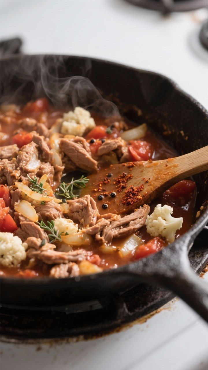 Close-up, cooking-process shot of the thickened filling in a skillet: browned lean turkey with trans