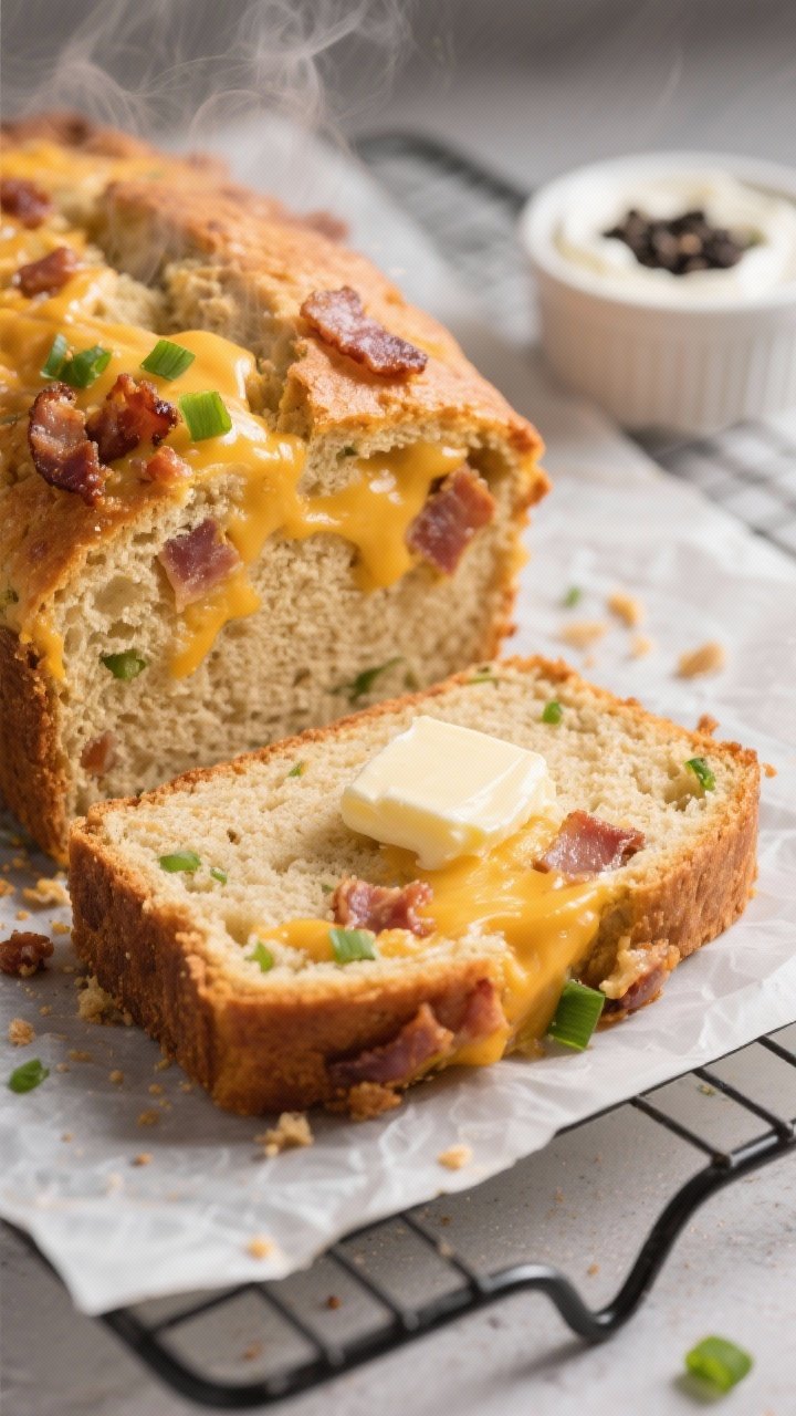 Close-up detail: A thick, golden slice of Keto Cheesy Bacon Breakfast Bread just cut, steam rising, 