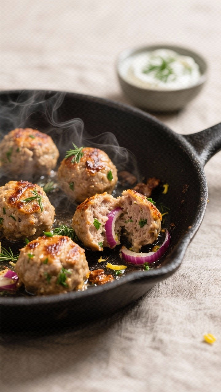 Close-up detail and cooking process: Juicy Greek turkey meatballs sizzling in a nonstick skillet, go
