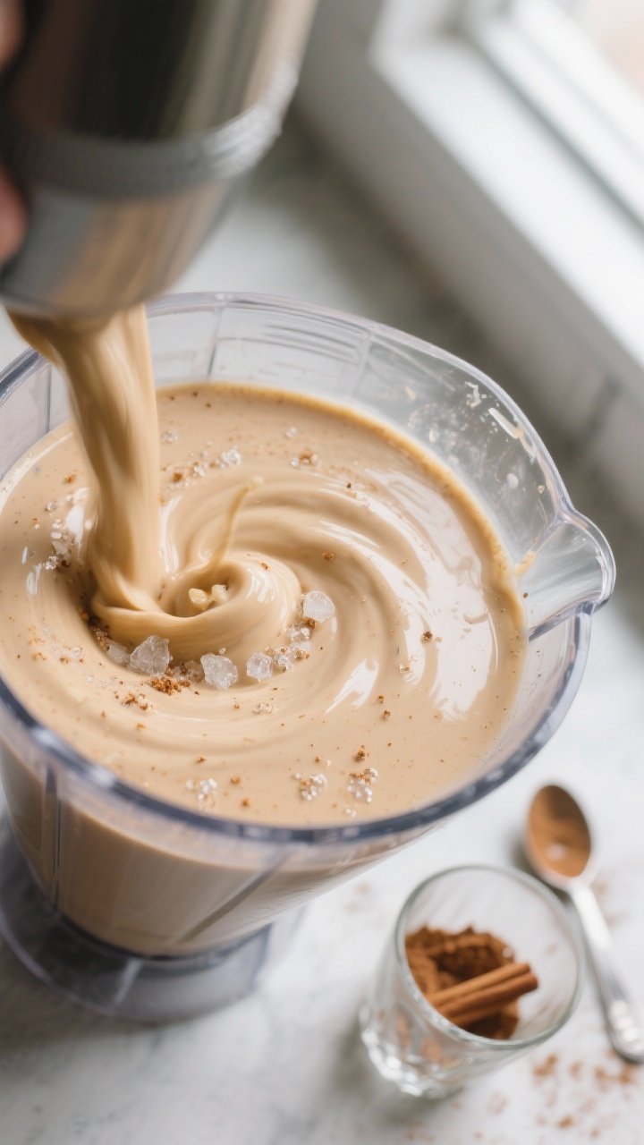 Close-up detail/cooking process: A high-speed capture of a creamy peanut butter banana protein smoot