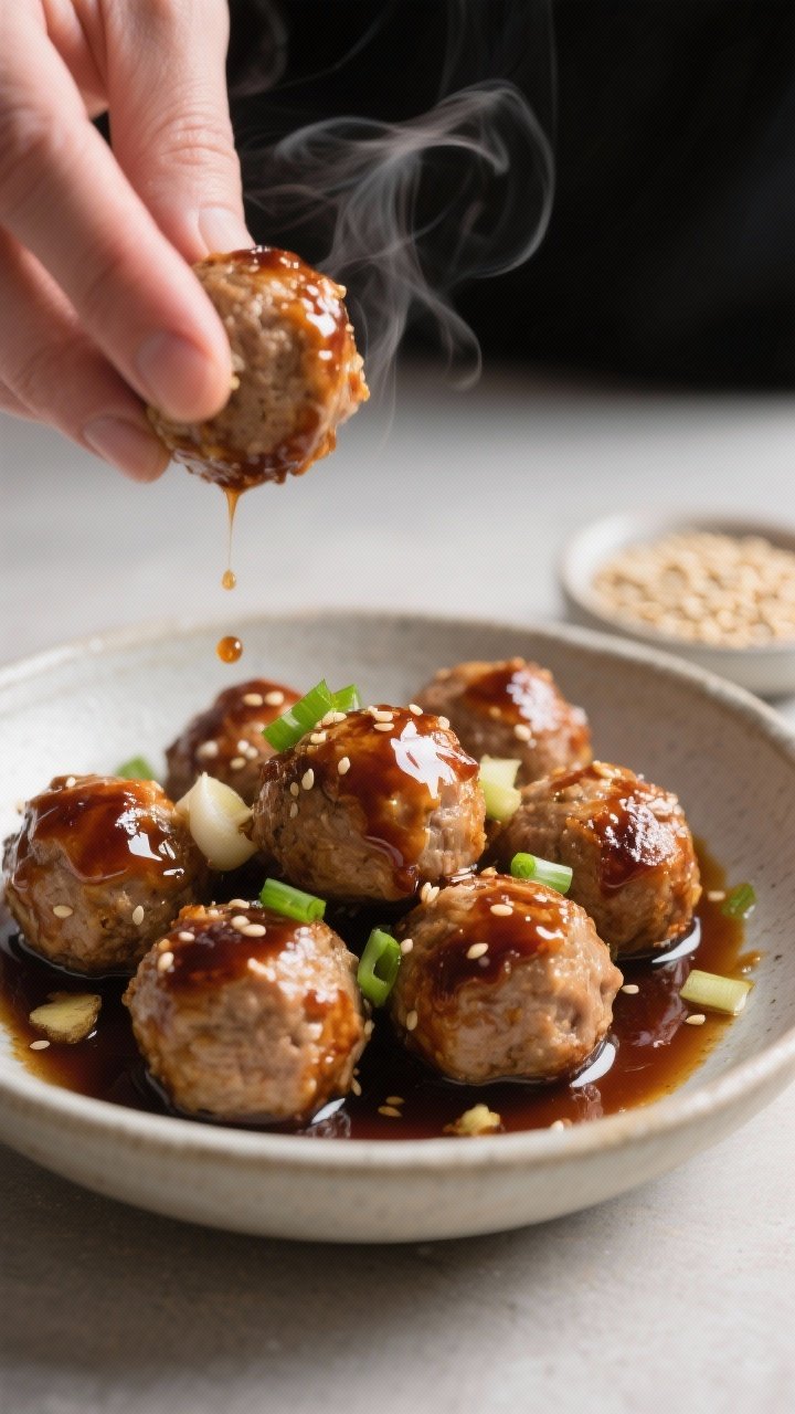 Close-up detail, cooking process: Glossy teriyaki-glazed turkey meatballs just out of the oven, bein