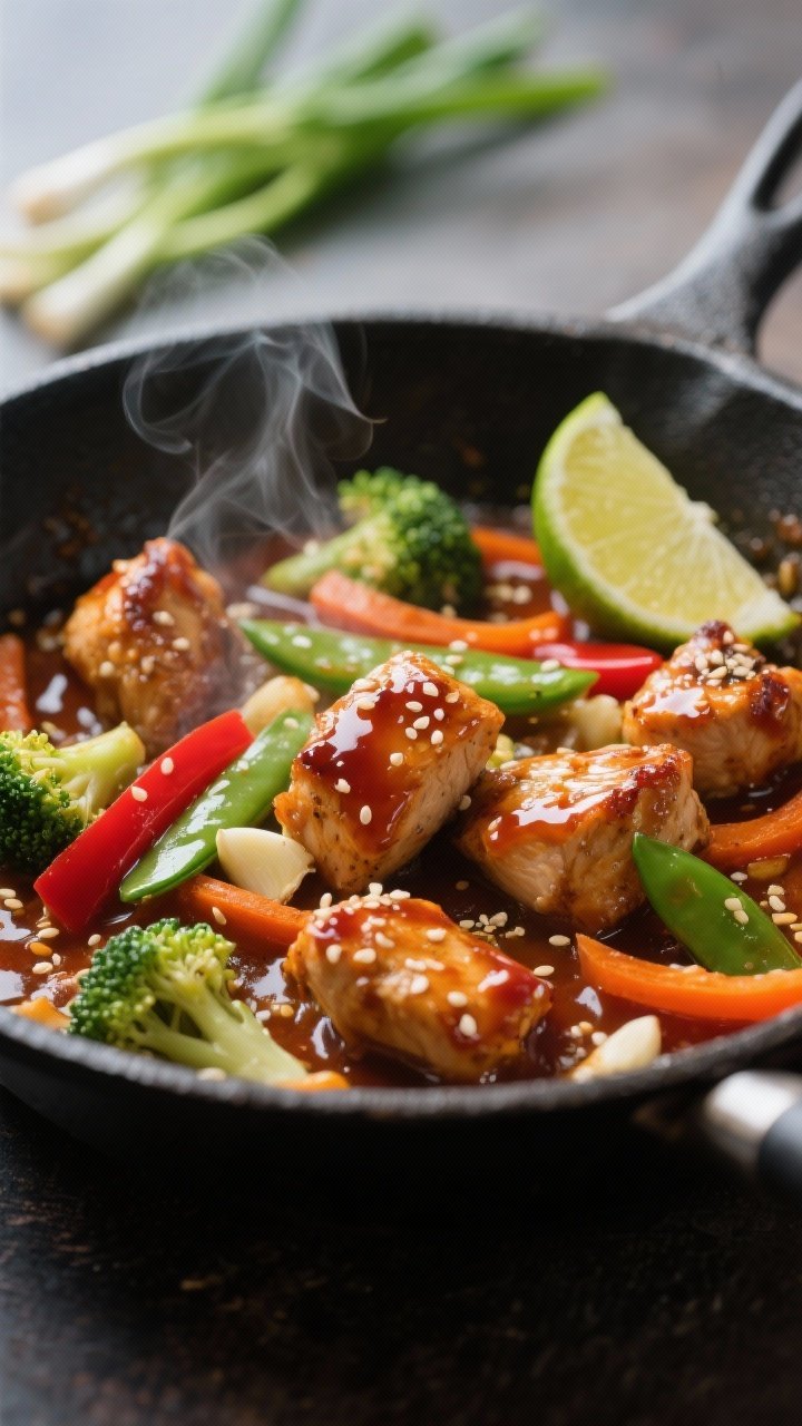 Close-up detail, cooking process: Honey sriracha chicken bites simmering in a skillet, glossy thicke