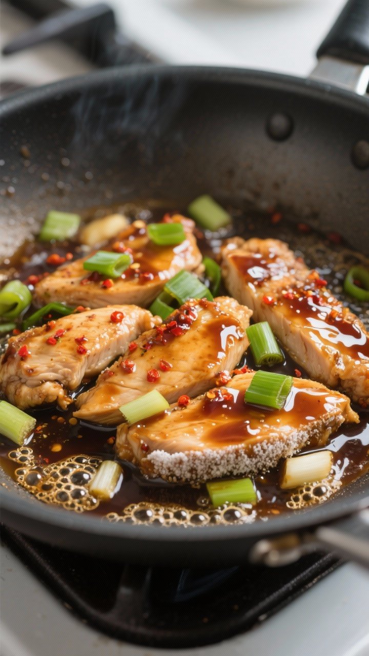 Close-up detail, cooking process: Slices of Mongolian chicken searing in a nonstick wok, lightly bro