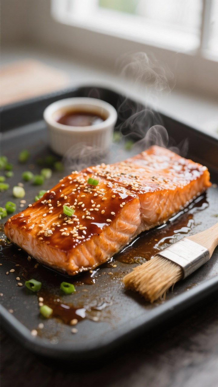 Close-up detail/cooking process: Teriyaki-glazed salmon just out of the air fryer, skin-on fillet re