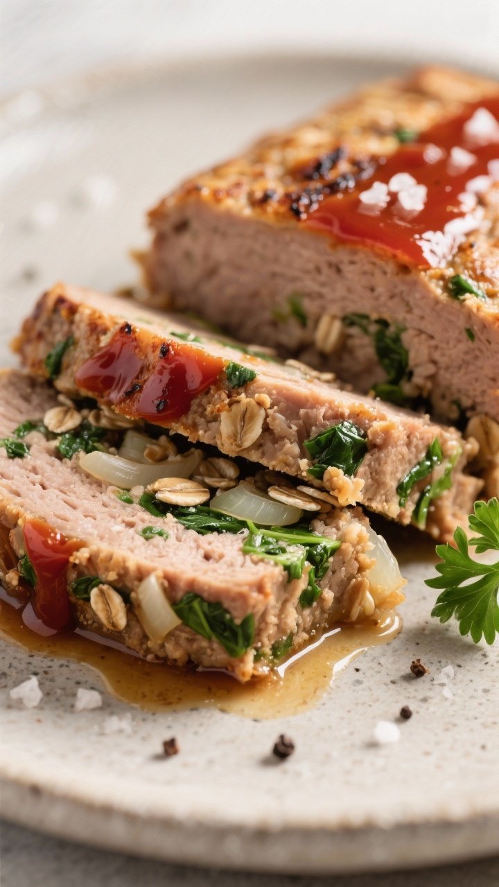 Close-up detail: Juicy slices of turkey and spinach meatloaf just after resting, showing a tender, m