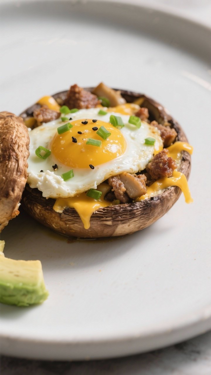 Close-up detail of a plated keto breakfast stuffed mushroom cut open to reveal creamy egg mixture, b