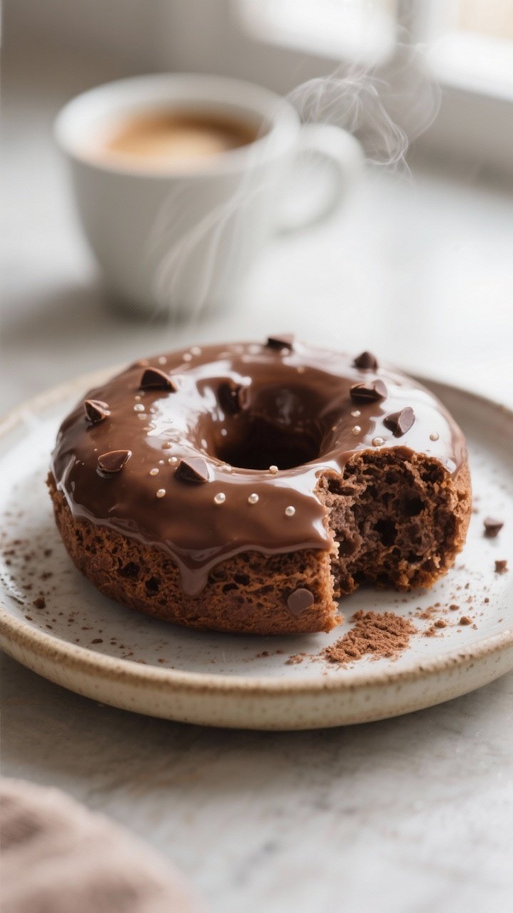 Close-up detail of a single glazed keto chocolate breakfast donut on a small ceramic plate, deep bro