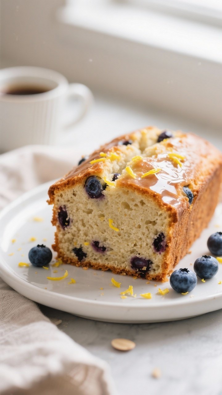 Close-up detail of a sliced piece of Keto Lemon Blueberry Breakfast Loaf on a matte white plate, sho