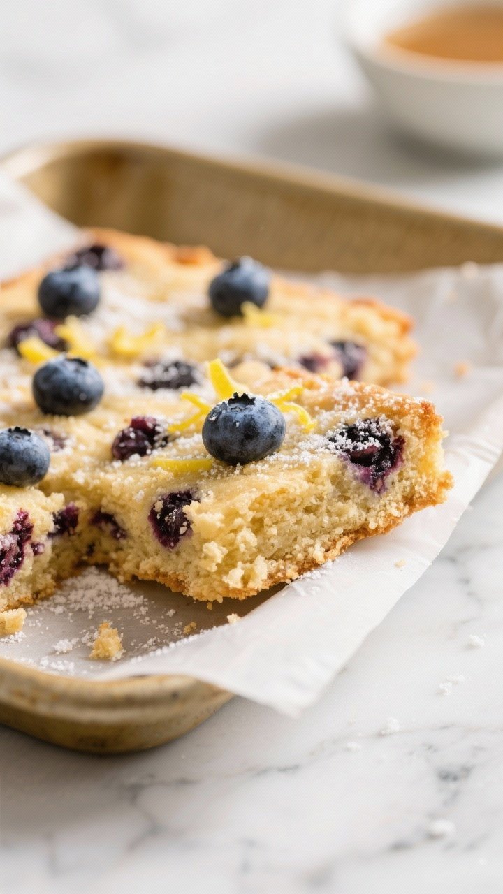Close-up detail of freshly baked keto blueberry lemon breakfast bars just lifted from the pan onto p