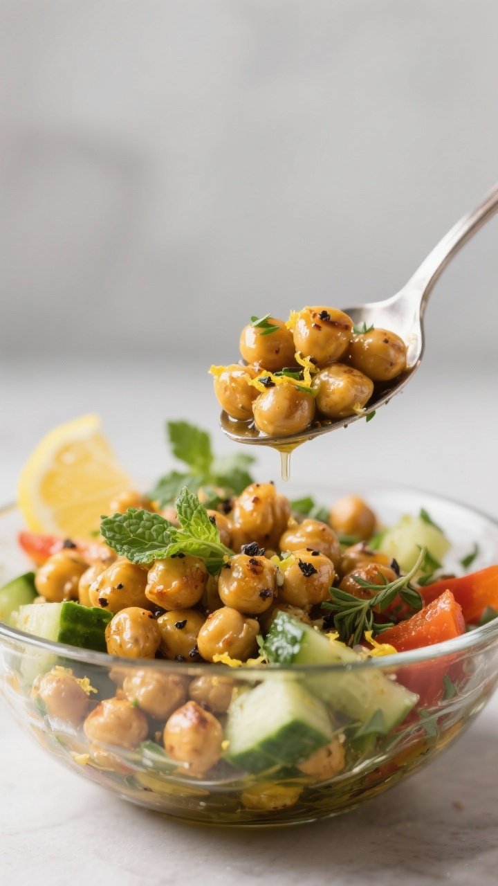 Close-up detail of roasted chickpeas being tossed with the lemon-herb dressing in a wide glass bowl: