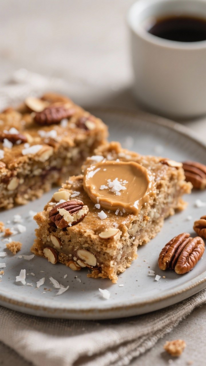 Close-up detail of sliced Keto Maple Pecan Breakfast Bars on a matte ceramic plate, one bar with a t