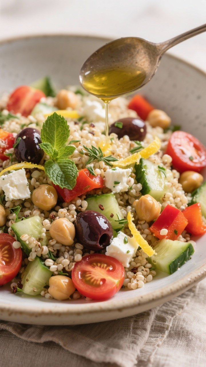 Close-up detail of the dressed quinoa salad in a wide, shallow ceramic bowl, showing individual quin