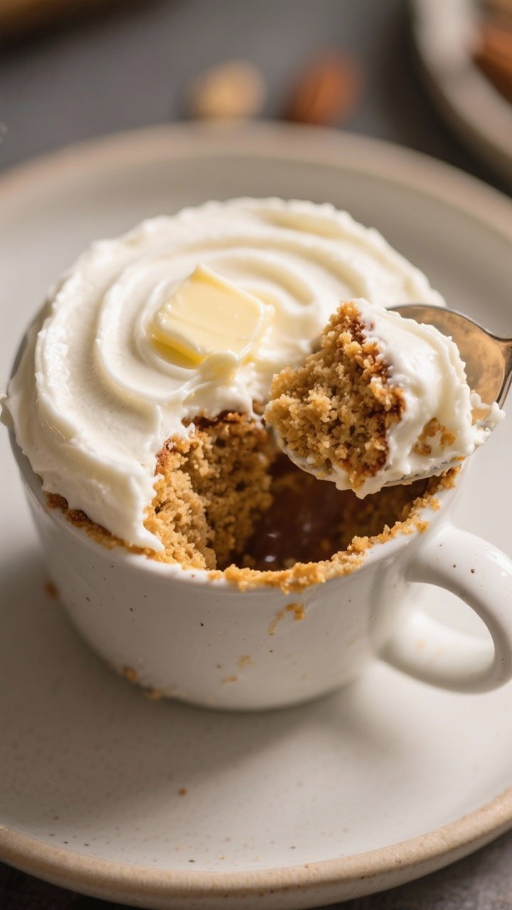Close-up detail of the mug cake cross-section spooned out, showing a tender, moist almond-flour crum