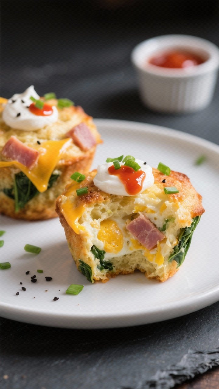 Close-up detail of two Keto Ham, Egg & Cheese Breakfast Muffins plated for serving: one cut open to