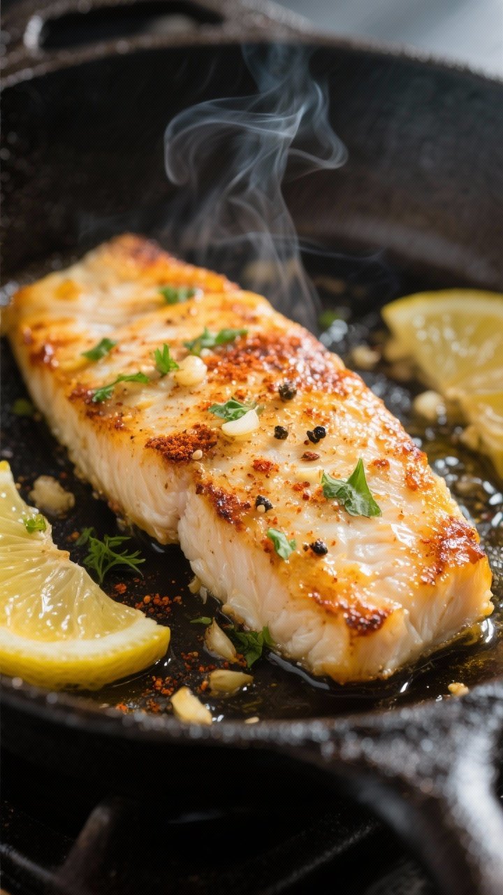 Close-up detail: Pan-seared lemon garlic tilapia fillet sizzling in a cast-iron skillet, golden-brow