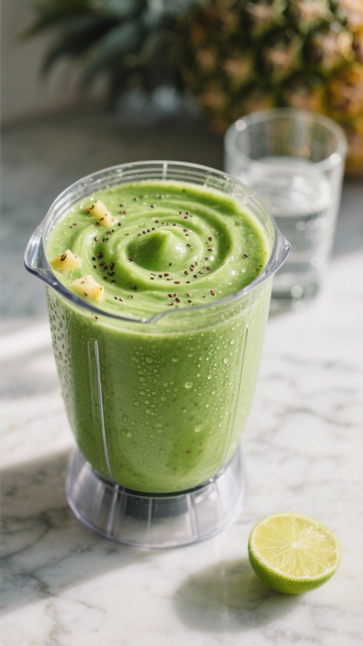 Close-up detail/process shot: Vibrant green smoothie mid-blend in a clear high-speed blender jar, si