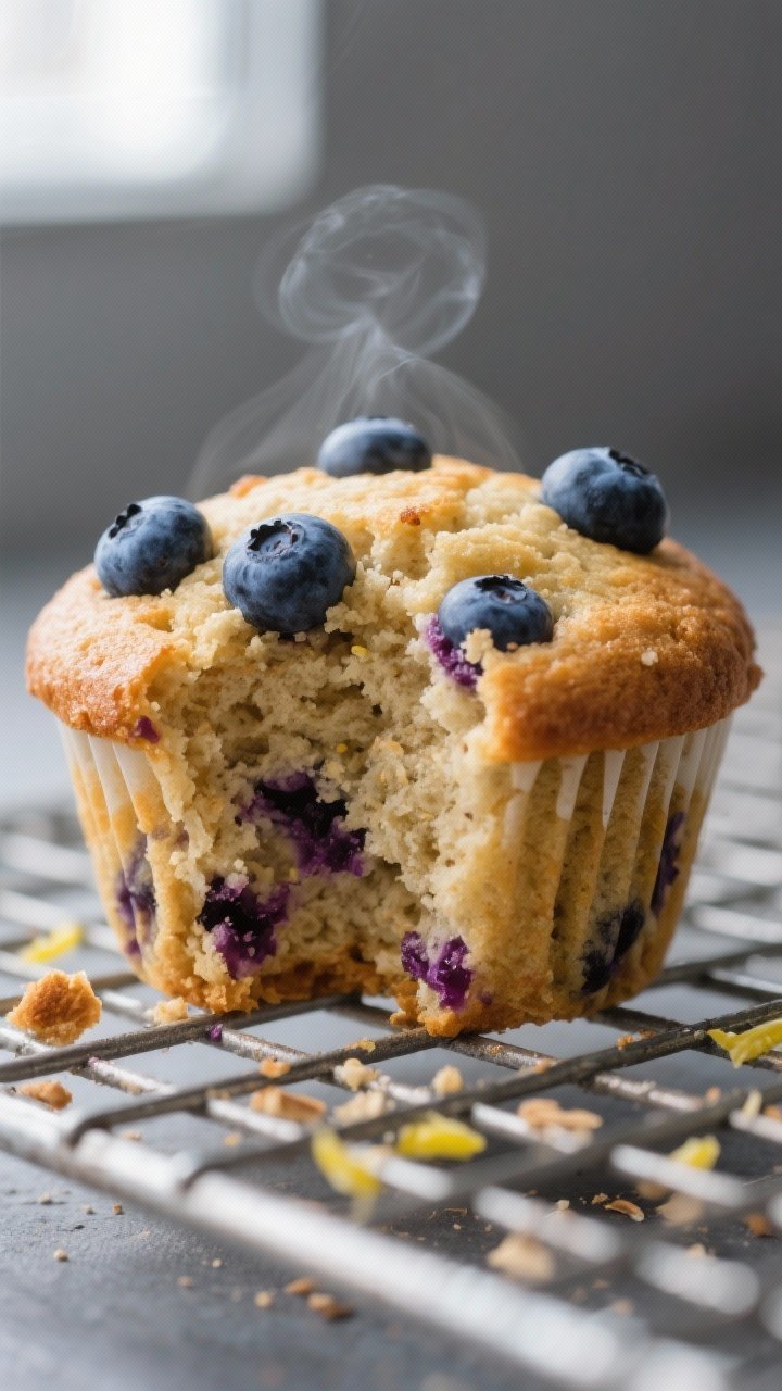 Close-up detail shot: a freshly baked keto blueberry muffin torn open to reveal a soft, cake-like al