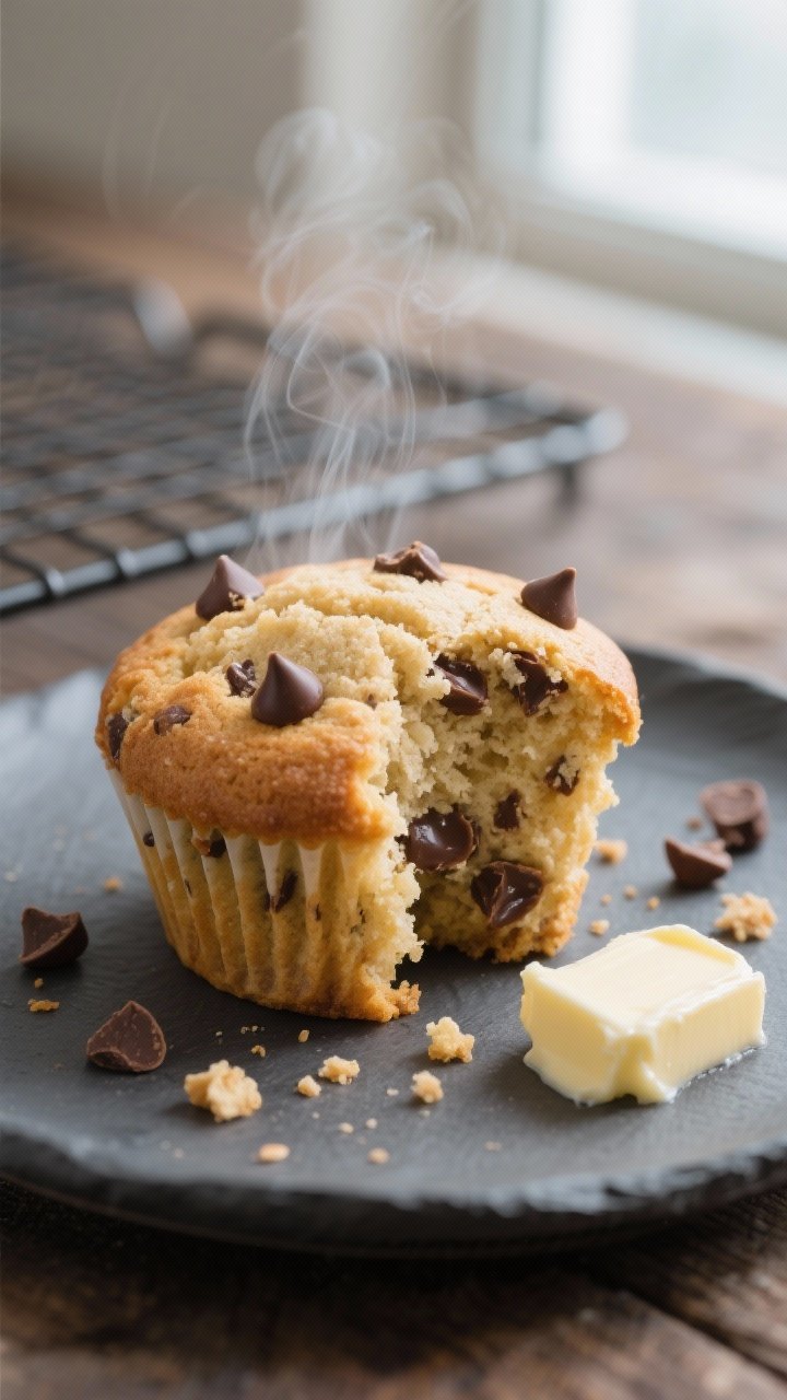 Close-up detail shot: A freshly baked keto chocolate chip muffin torn open to reveal a soft, bakery-