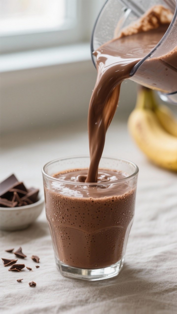 Close-up detail shot: A thick, chocolate-banana dessert smoothie mid-blend being poured in a silky r