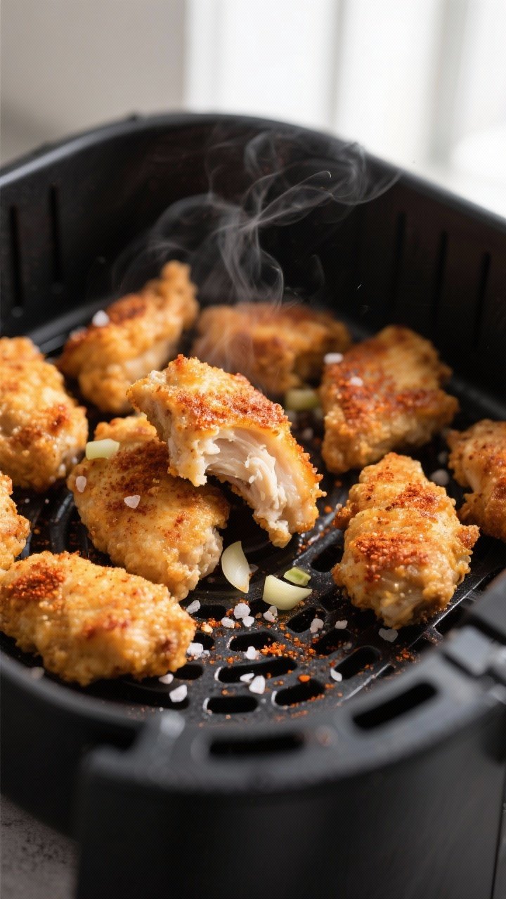 Close-up detail shot: Golden-brown air fryer chicken bites just finished cooking in the basket at 40