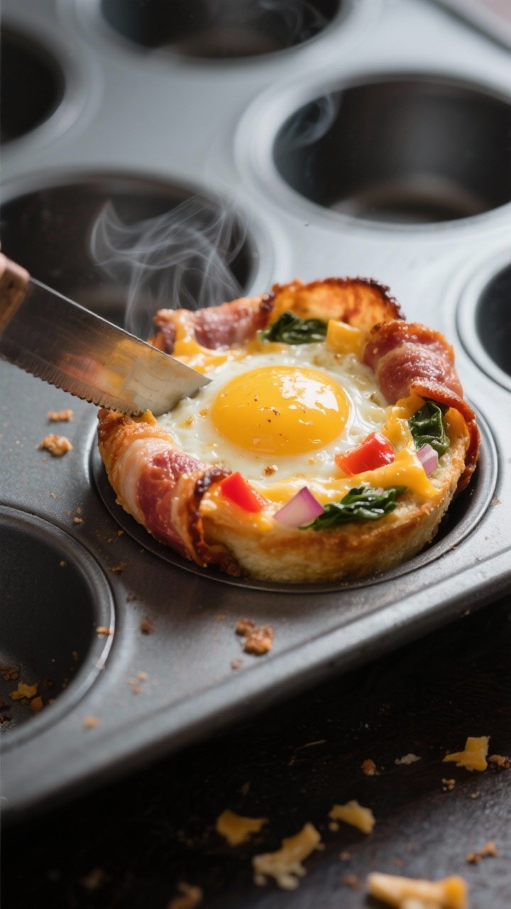 Close-up detail shot of a freshly baked keto bacon-wrapped breakfast bite just lifted from a muffin