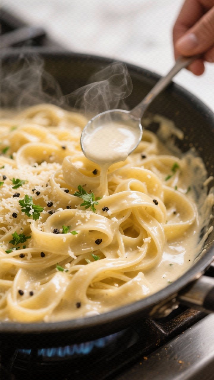 Close-up detail shot of glossy high-protein Alfredo-coated fettuccine being tossed in a skillet over