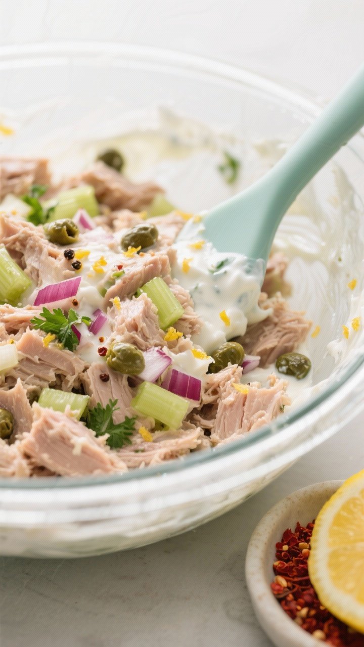 Close-up detail shot: Prepared tuna mix being gently folded in a large glass bowl with a silicone sp