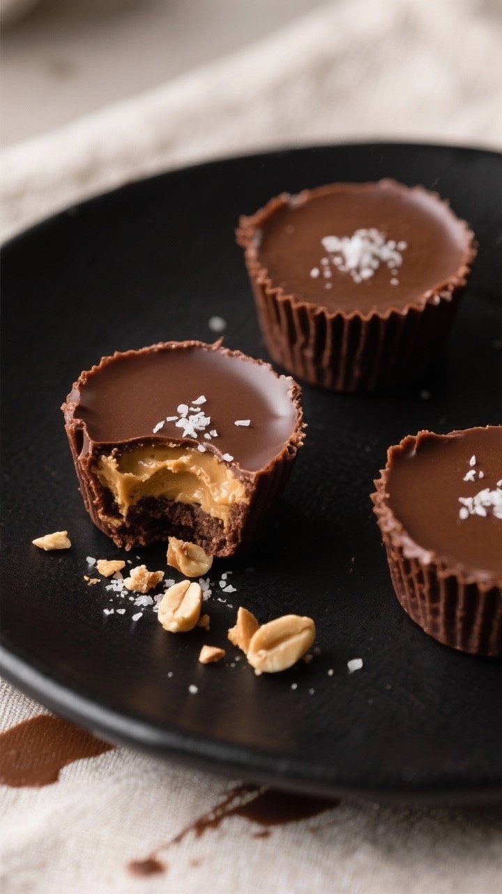 Close-up final presentation of three finished keto peanut butter chocolate breakfast cups on a matte