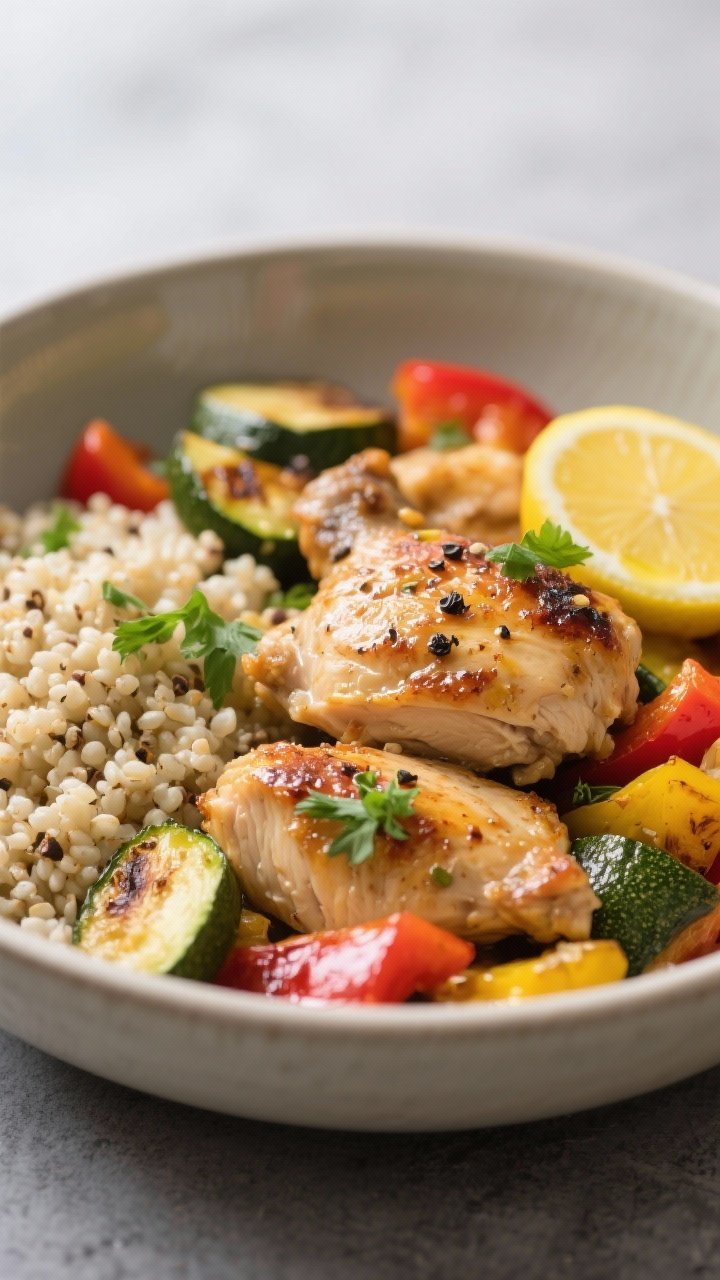 Close-up plated final meal prep bowl: juicy roasted chicken pieces nestled with lightly caramelized 
