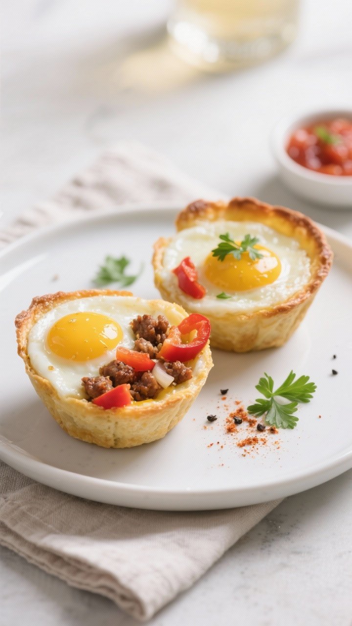 Close-up plated presentation of two Keto Sausage & Egg Breakfast Cups on a matte white plate, one cu