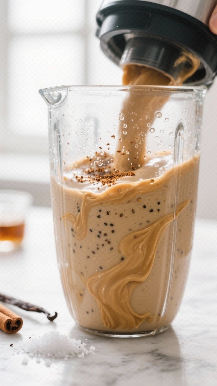 Close-up process shot of a creamy keto almond butter smoothie mid-blend in a high-speed blender, thi