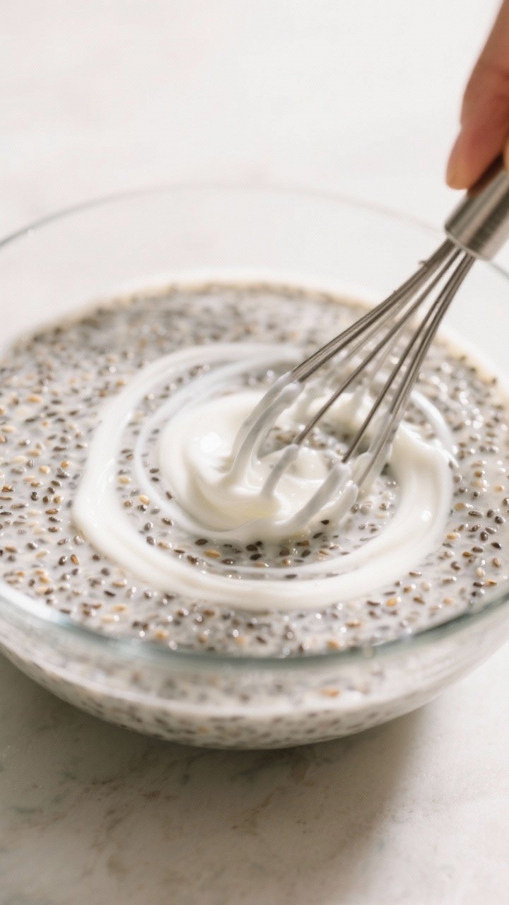 Close-up process shot of chia pudding being whisked smooth after the 5-minute rest, showing the crea
