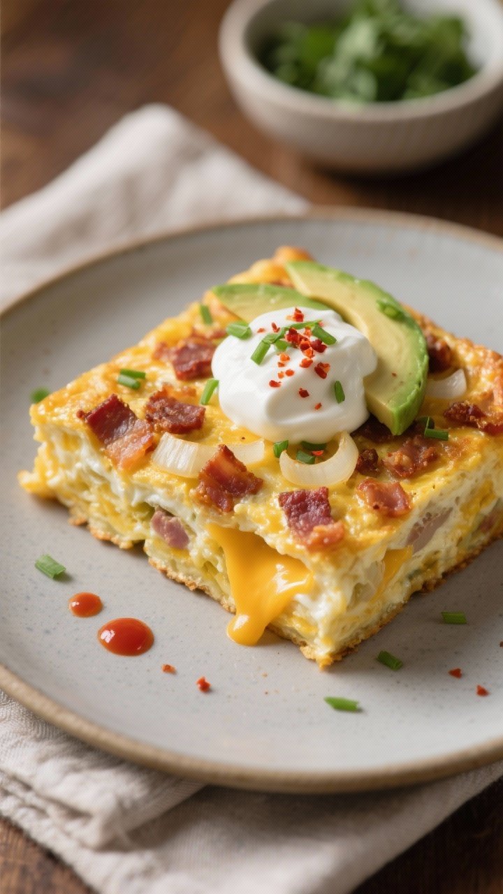 Close-up side angle of a plated frittata square on a matte ceramic plate, showing the luscious, fluf