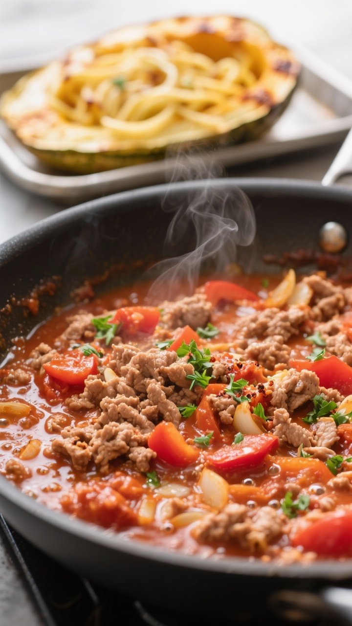 Close-up, three-quarter angle cooking process shot of the turkey sauce finishing in a wide skillet: 