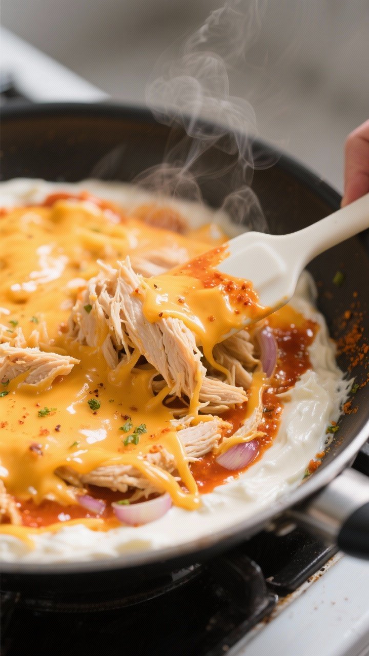 Close-up, three-quarter angle cooking process shot of the dip being stirred in a nonstick skillet ov