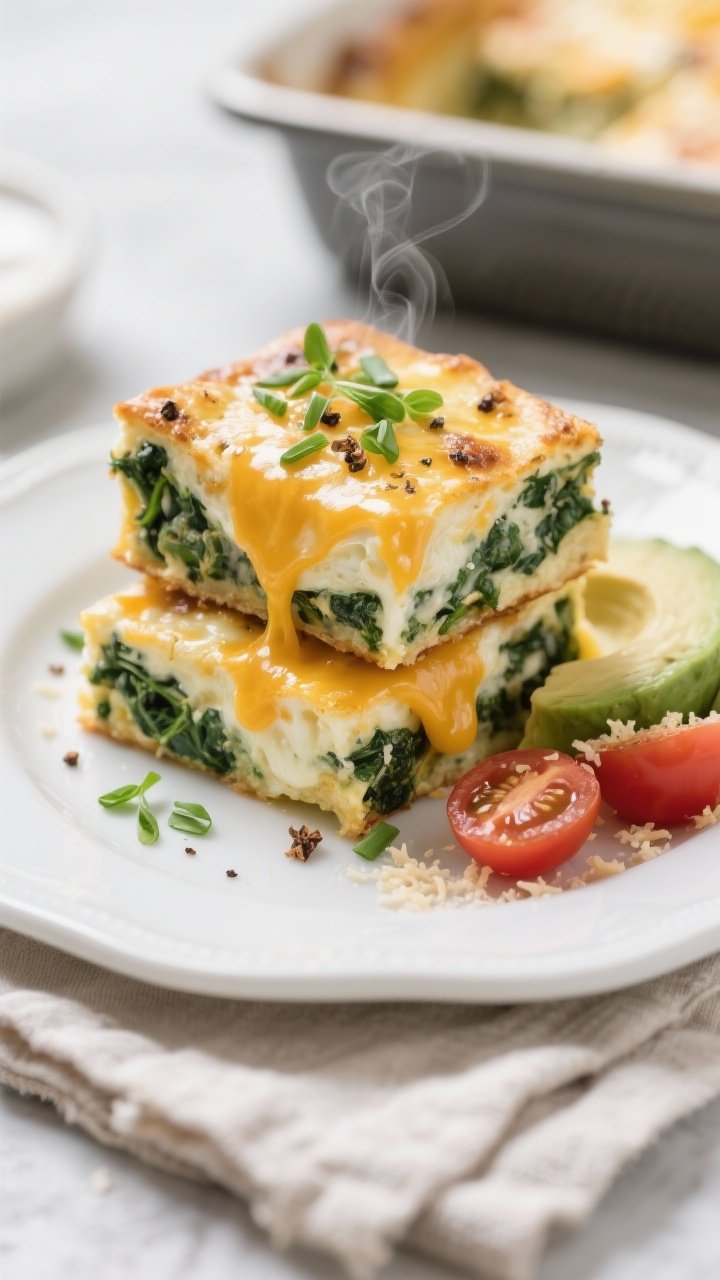 Close-up, three-quarter angle of a plated serving of Keto Cheesy Spinach Breakfast Squares on a whit