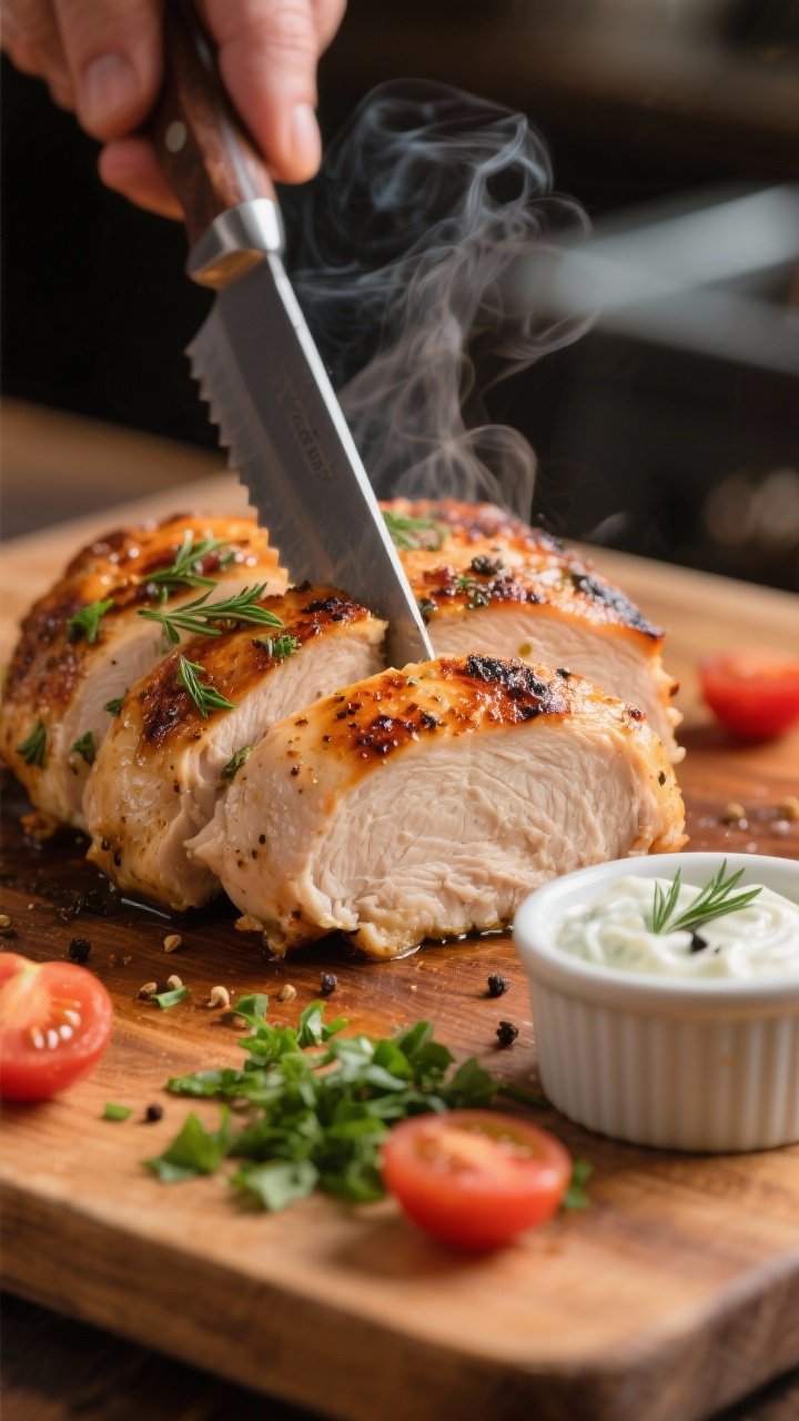 Close-up, three-quarter angle of juicy Greek chicken just after cooking and resting, being sliced on