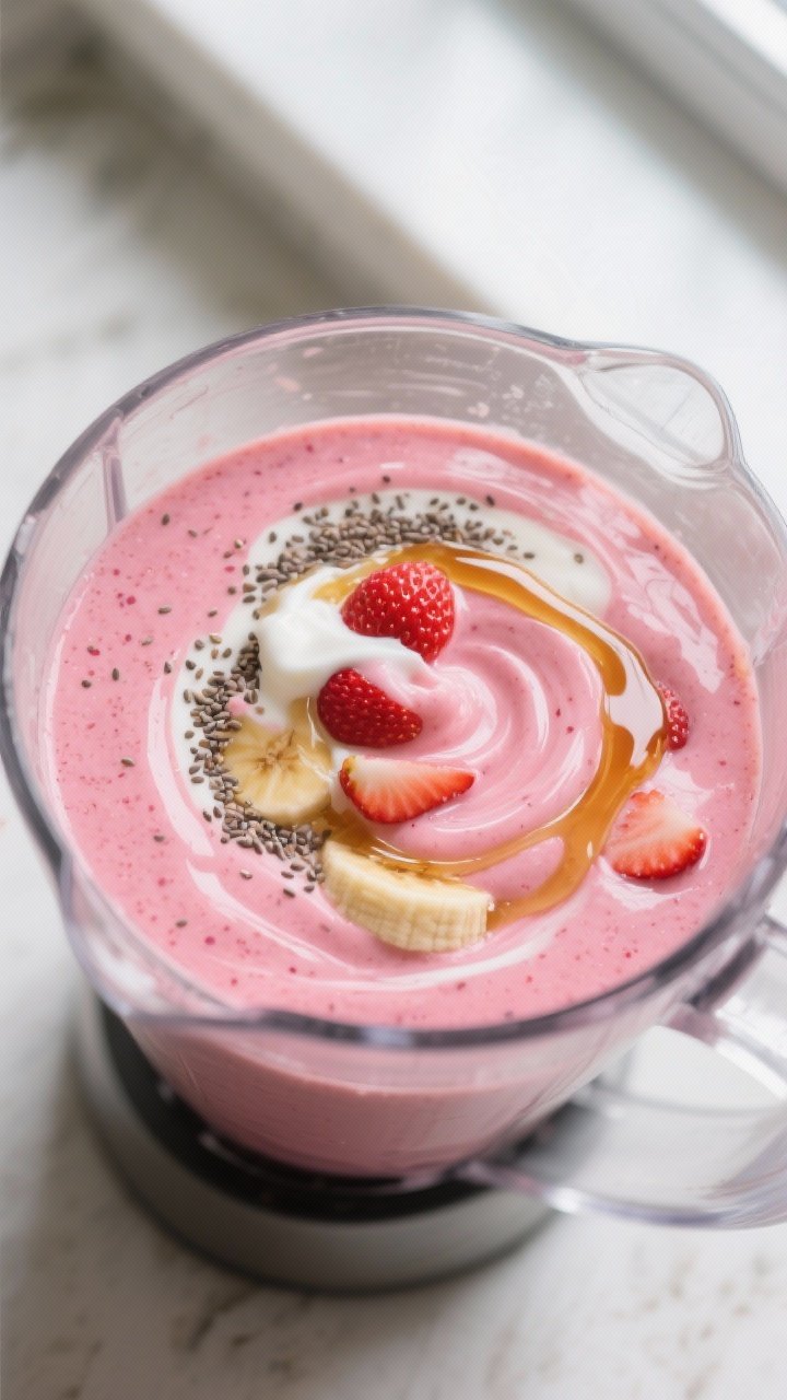 Cooking process close-up: A high-speed blender jar mid-blend with a silky, bright pink strawberry-ba
