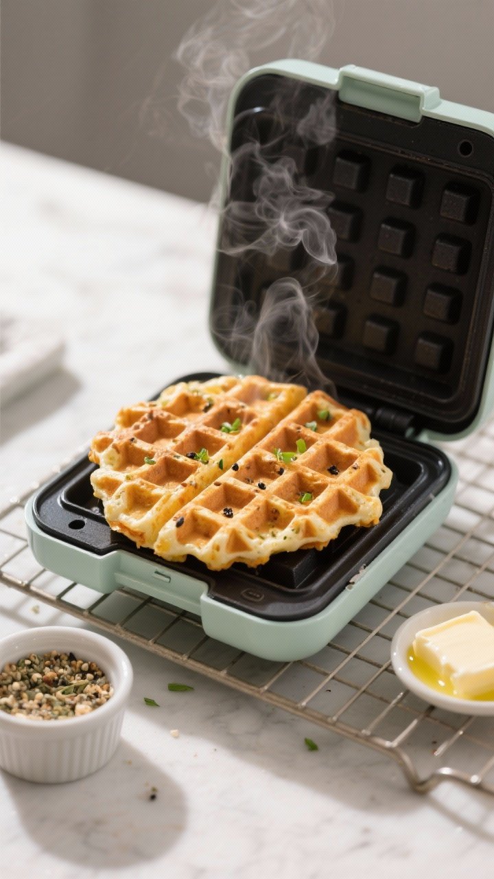 Cooking process close-up: A mini waffle maker open on a clean countertop with a just-cooked keto cha