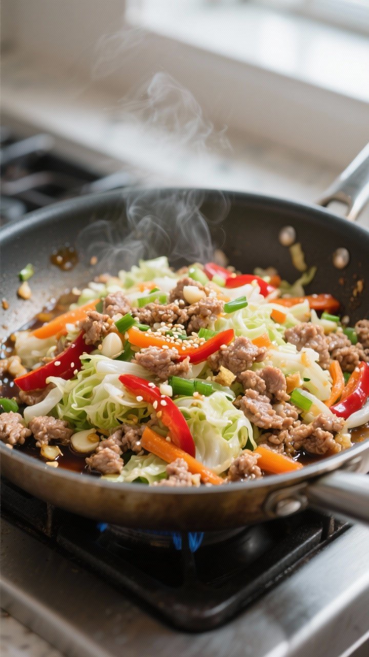 Cooking process, close-up action: Egg Roll in a Bowl sizzling in a wide stainless skillet over mediu