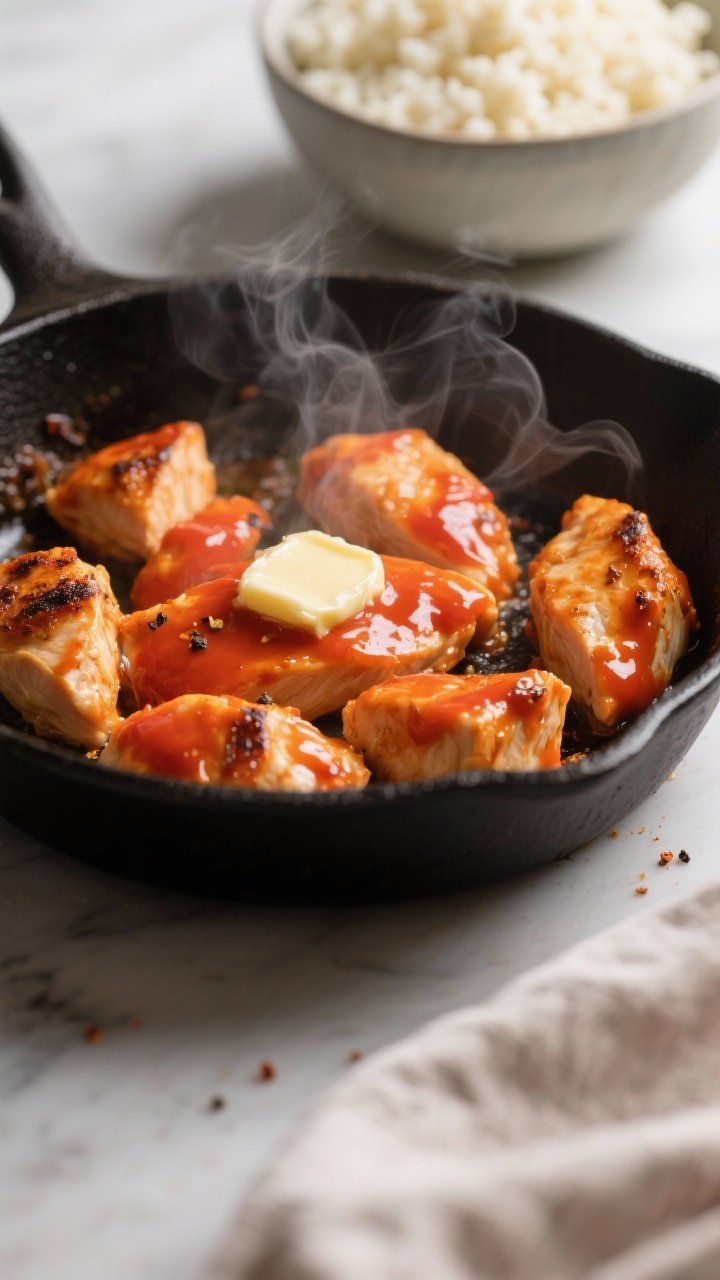 Cooking process close-up: Bite-size chicken breast pieces sizzling in a skillet, just coated in glos