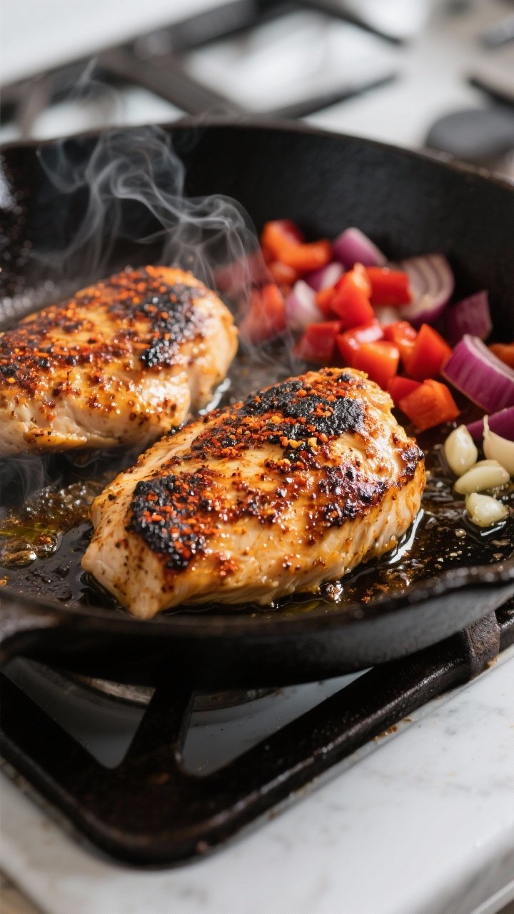 Cooking process close-up: Cajun-seasoned chicken breasts sizzling in a cast-iron skillet, deep golde