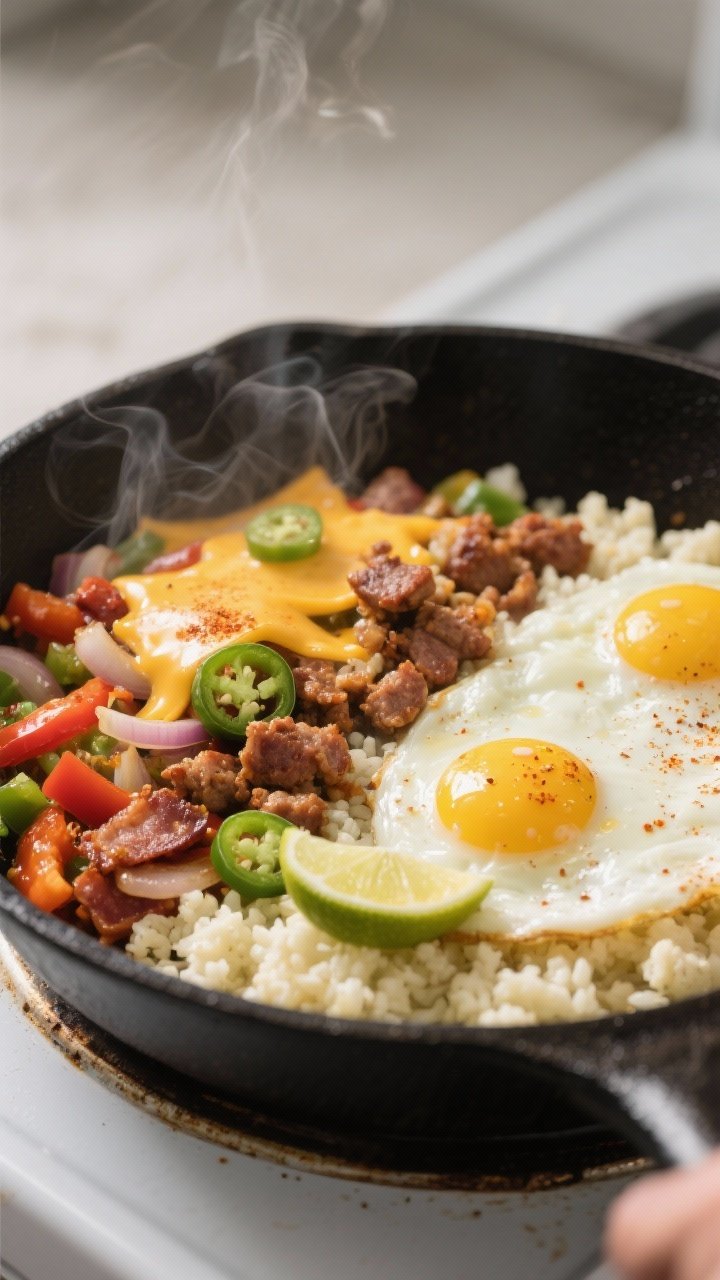 Cooking process, close-up detail: A large skillet scene with cauliflower rice and sautéed bell pepp