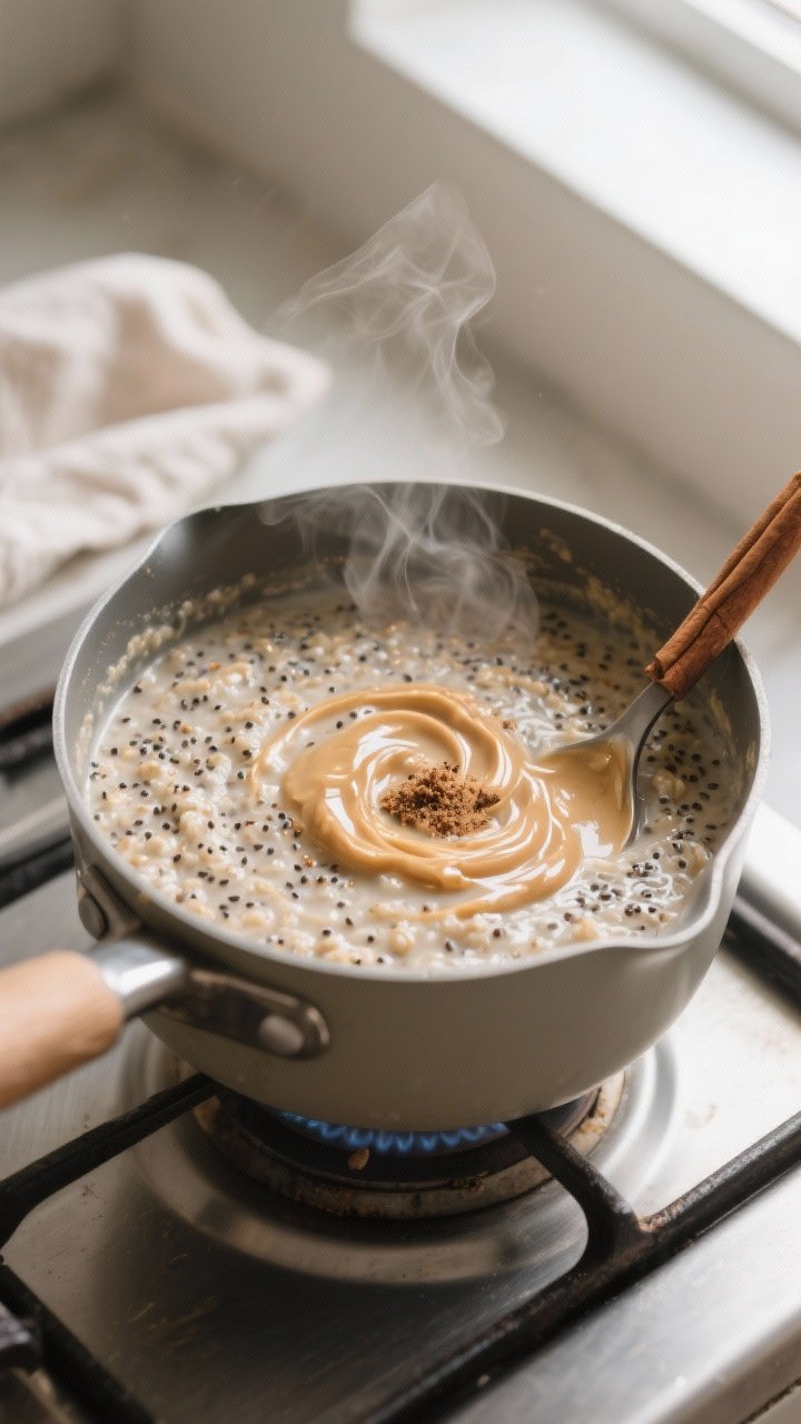 Cooking process, close-up detail: A small saucepan on low heat with keto “oatmeal” made from chi