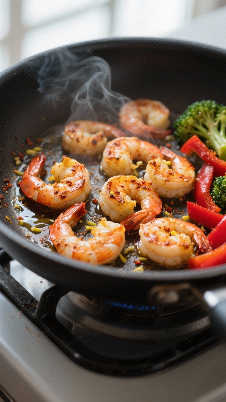Cooking process, close-up detail: Cajun-seasoned shrimp searing in a large nonstick skillet over med