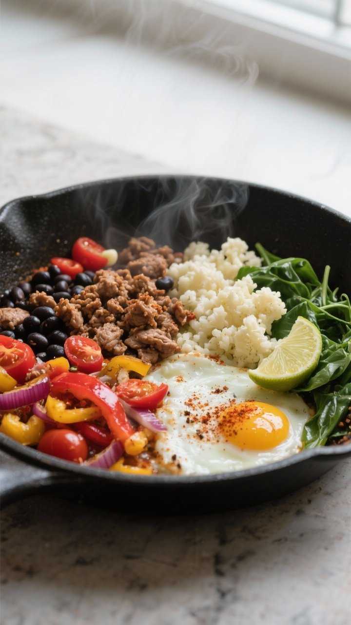 Cooking process, close-up detail: Close-up of a nonstick skillet half-and-half composition showing b